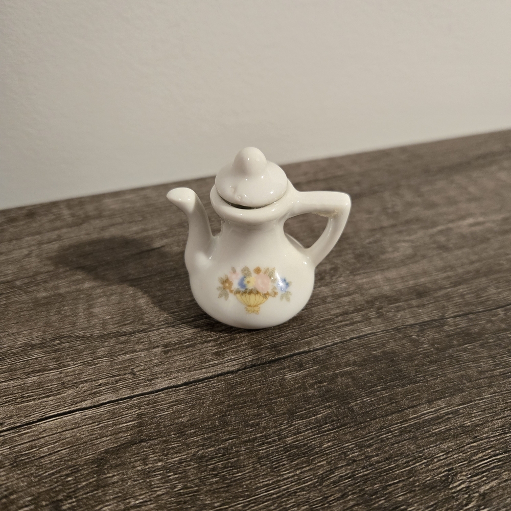 Miniature Floral White Ceramic Teapot Figurine
